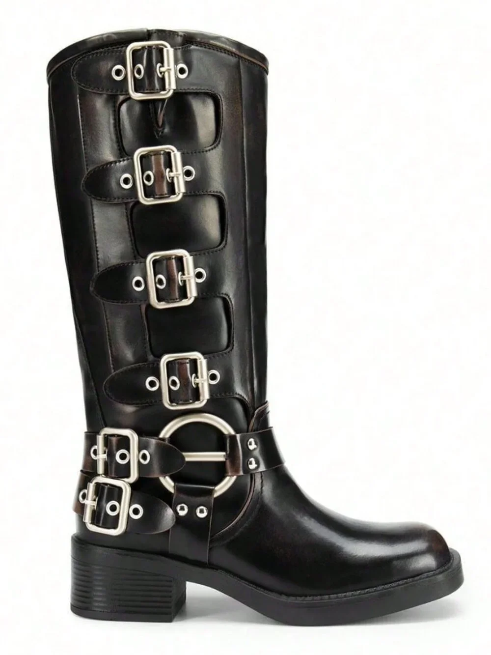 Sexy Women's Slip On Square Toe Chunky Heel Classic Metallic Buckles Motorcycle